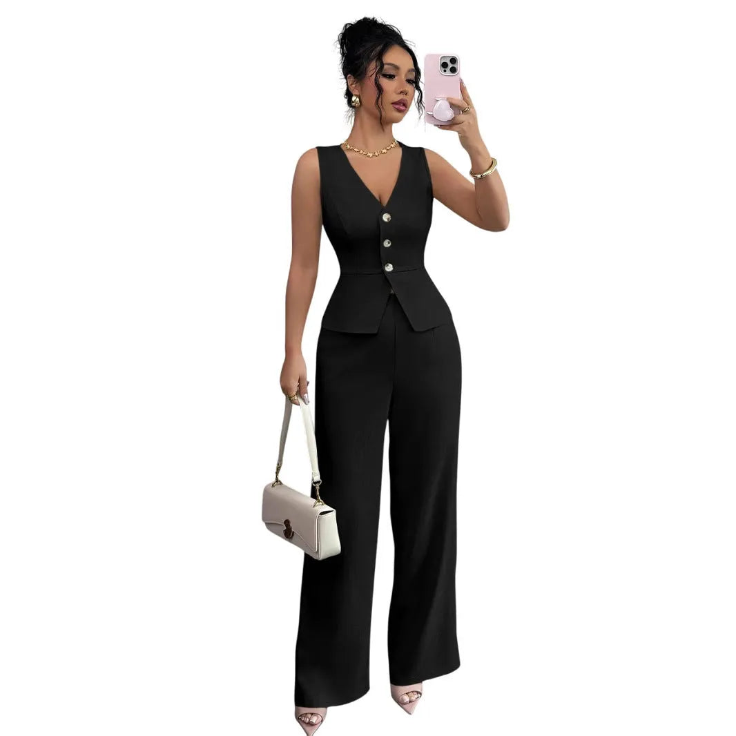 Japanese Korean style women's two-piece set with sleeveless vest and high waist trousers in solid colours