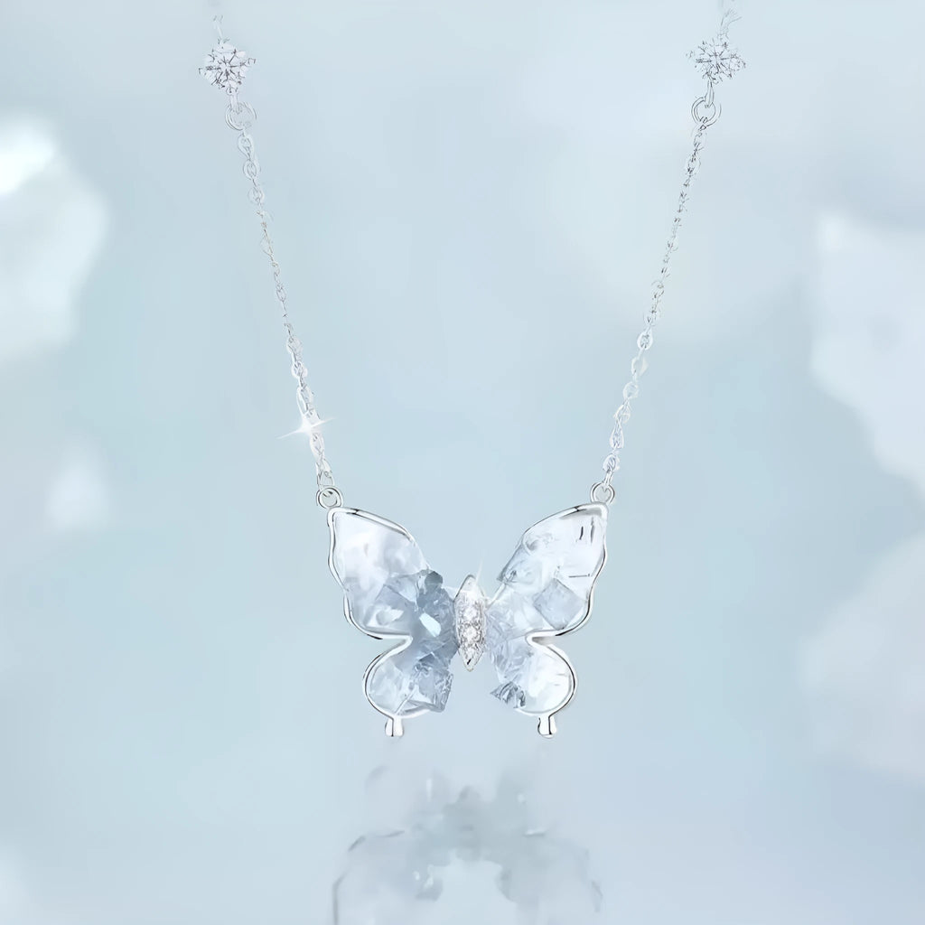 Bingyu butterfly necklace in 925 silver with ice rain pendant on adjustable O-ring chain