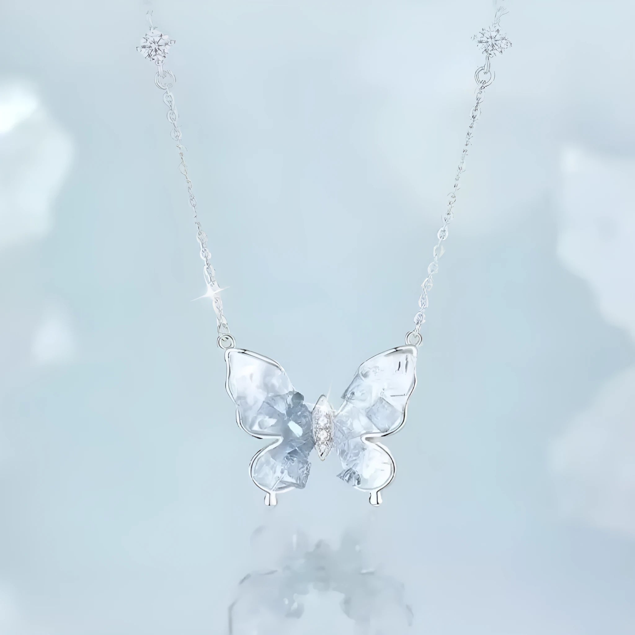 Bingyu butterfly necklace in 925 silver with ice rain pendant on adjustable O-ring chain