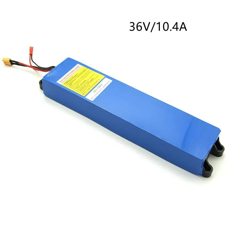 A 36V lithium-ion battery pack for electric scooters, showing options for 6.6Ah, 7.8Ah, and 10.4Ah capacities.