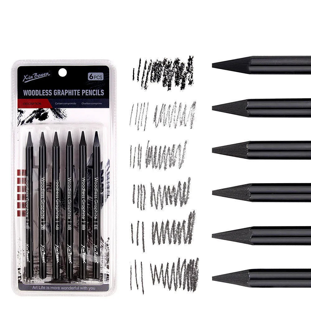 Set of six wood-free graphite full lead sketching pencils in grades HB, 2B, 4B, 6B, 8B, and EE.