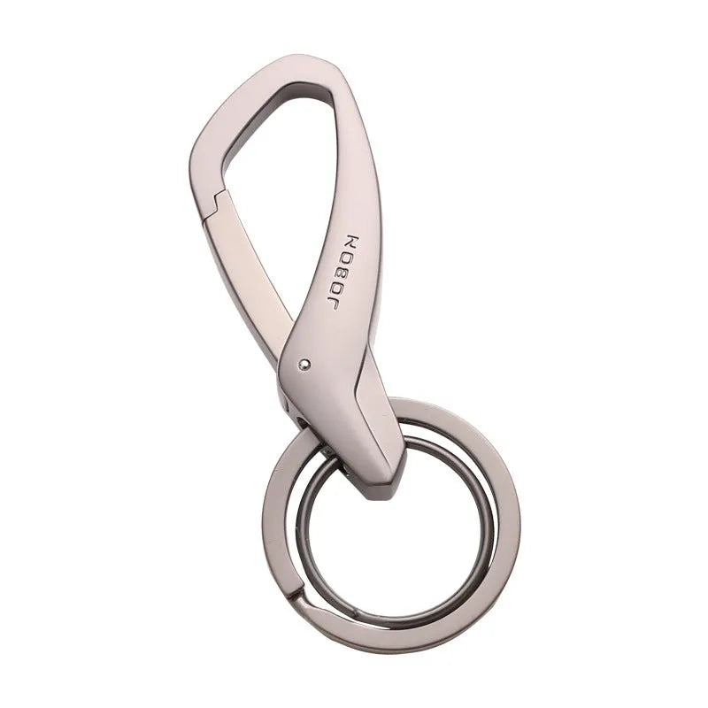 Zinc alloy double ring car key chain in black, chrome, and nickel colour options showing 8.3cm size