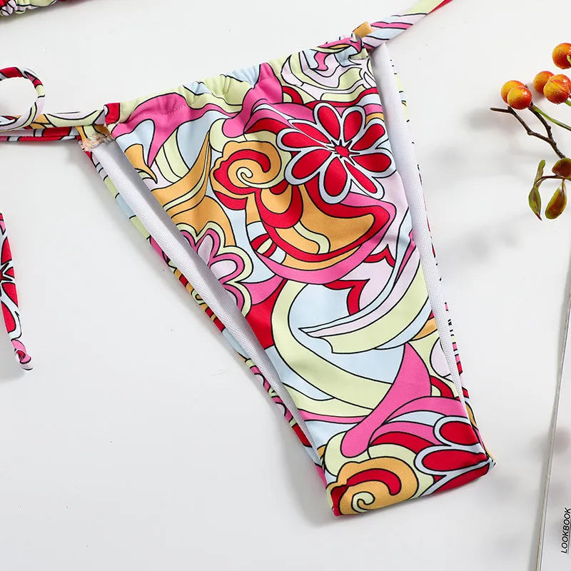 Women's triangle printed bikini set with hanging neck design in multicolor pattern