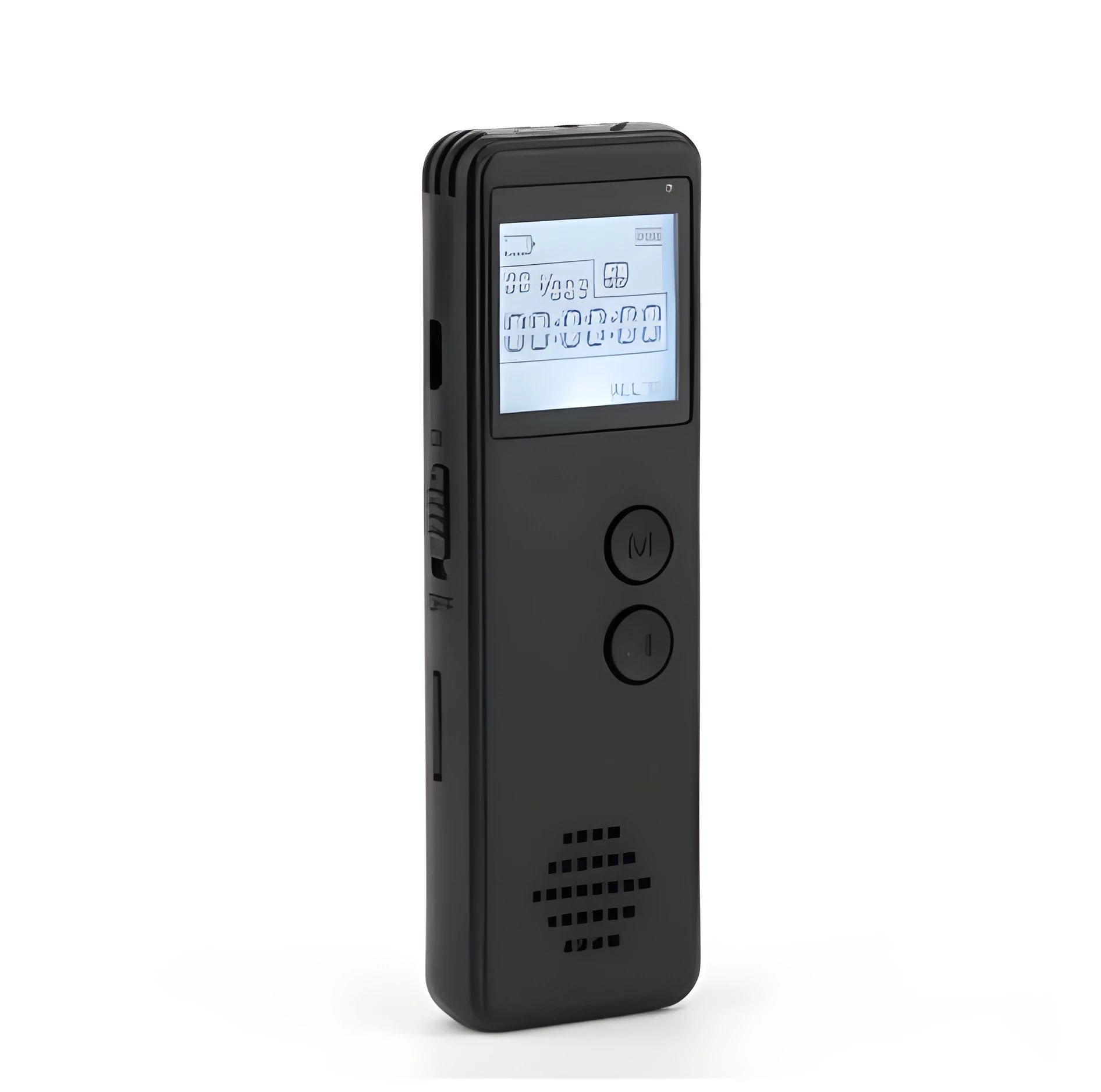 Black digital voice recorder with broken code screen measuring 88mm × 33mm × 12.5mm