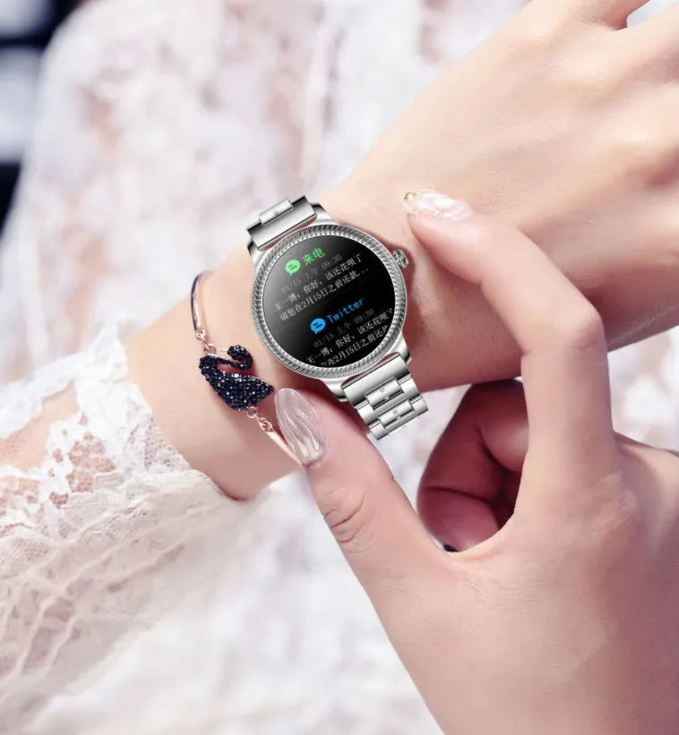 AK38 ladies smart watch with stainless steel Milanese band and 1.09-inch colour screen