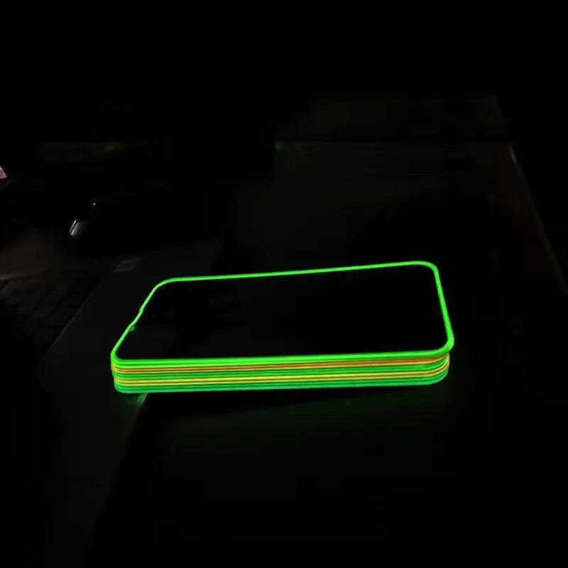 Fluorescent tempered glass screen film for iPhone showing luminous green glow effect