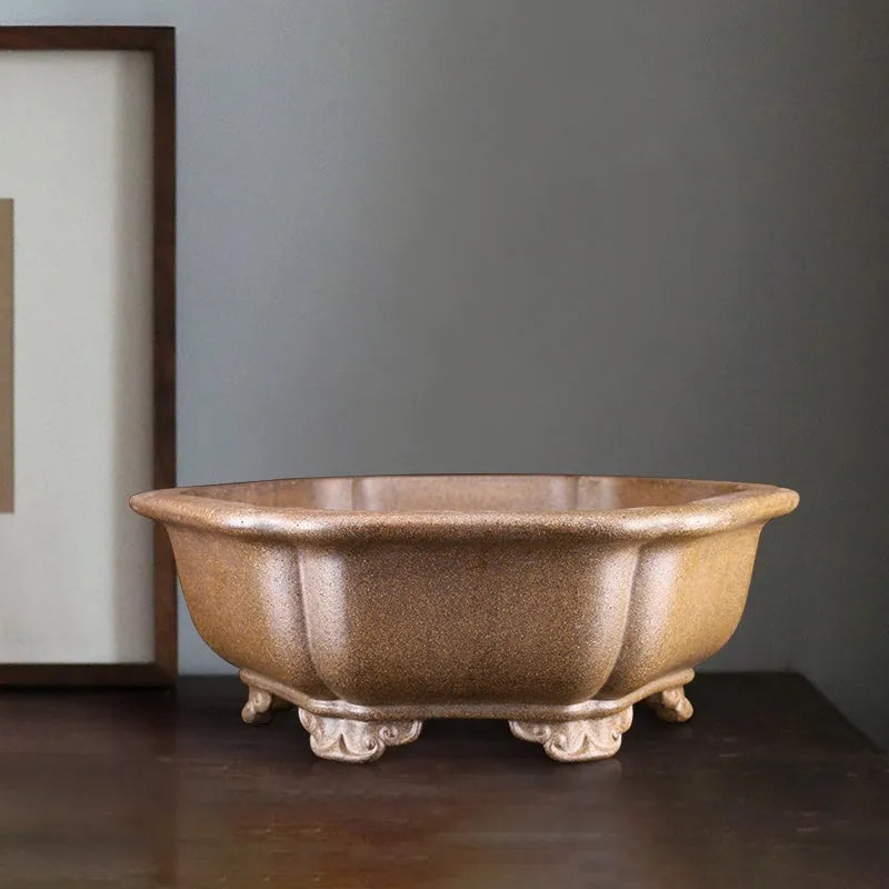 Handmade purple sand bonsai pot in hexagonal and begonia basin styles