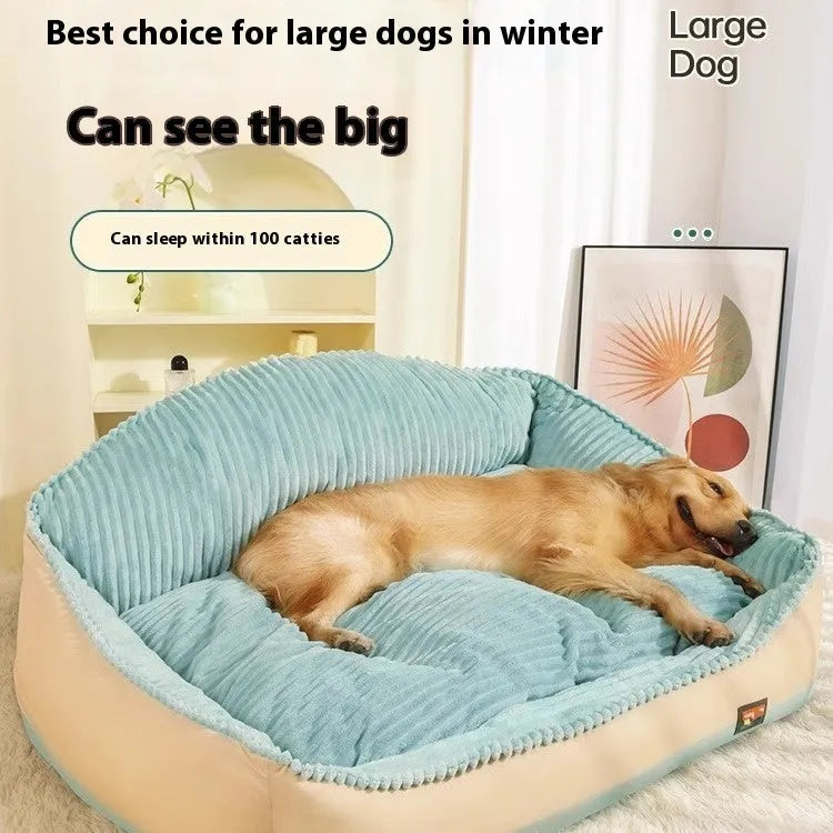 Morandi colour removable lazy sofa dog bed with raised edges, shown in two sizes.