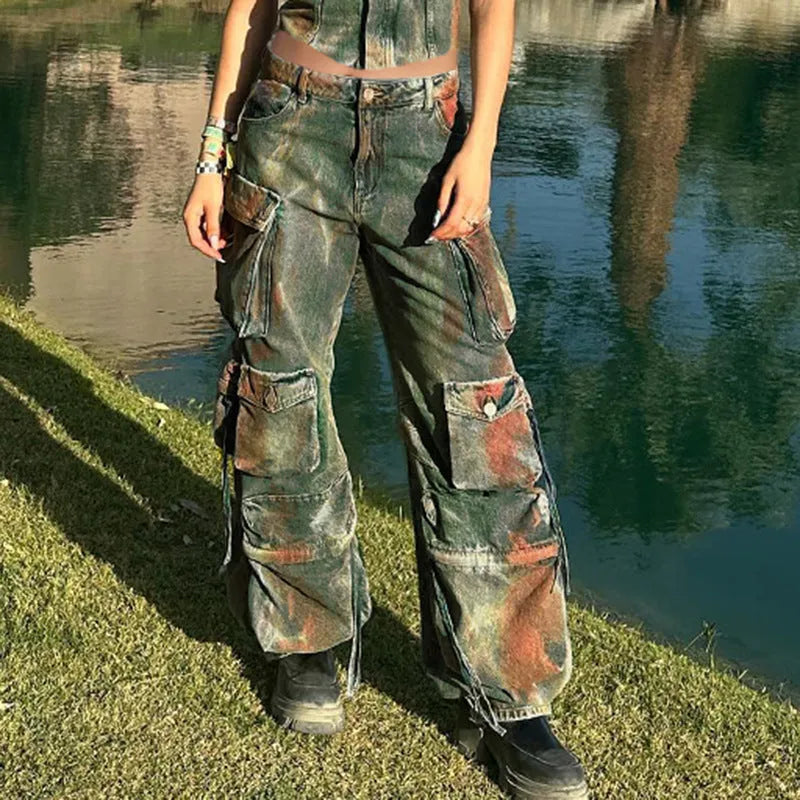 Retro colour loose cargo denim trousers with multiple gradient pockets in street hipster style