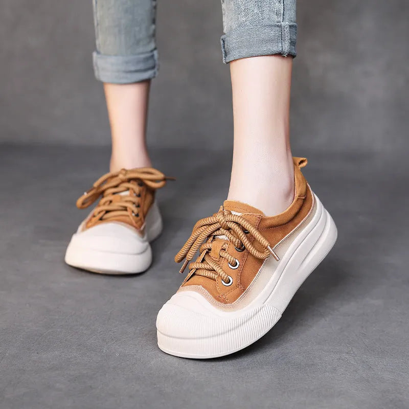 Women's cameo brown leather lace-up casual shoes with round toe and rubber sole