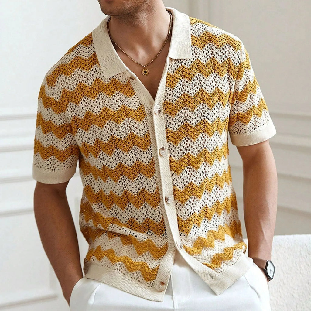 Yellow hollow jacquard corrugated short sleeve sweater with flocking detail on a hanger.