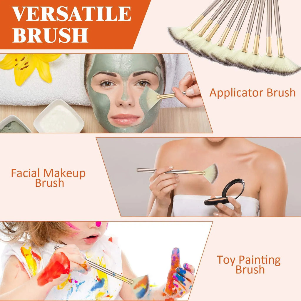 Set of 10 professional facial fan brushes with champagne finish and acrylic handles on a table.
