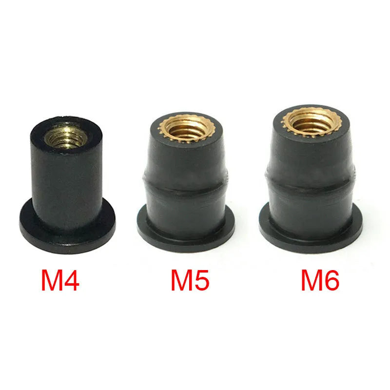 Motorcycle windshield brass rubber nut fastener kit with 10 pieces in M4, M5 and M6 thread sizes