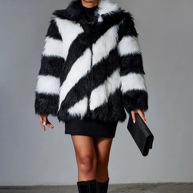 Women's faux fur coat with contrast lapel trim and detachable fur collar in picture colour