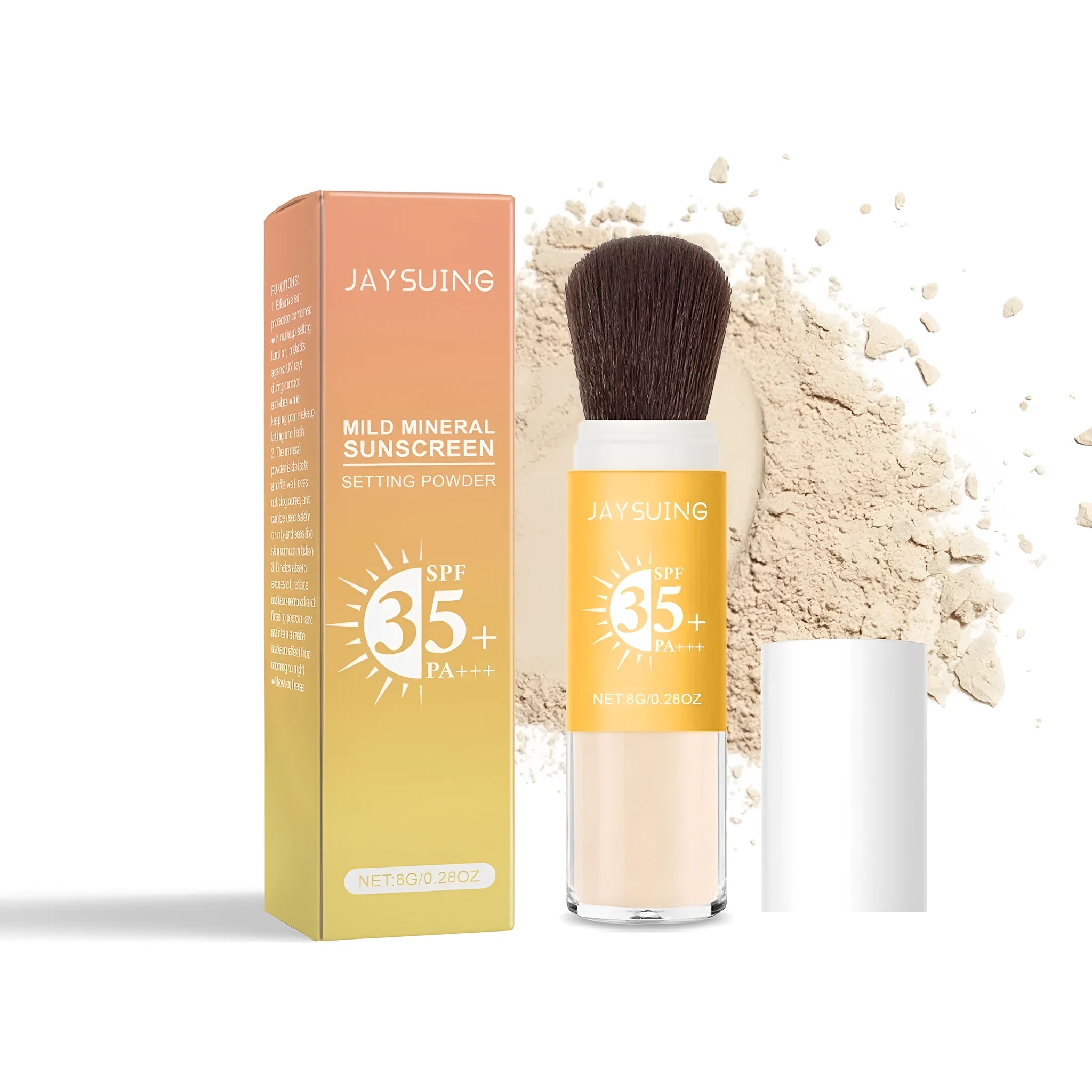 Translucent loose setting powder with SPF 50+ in an 8g container.