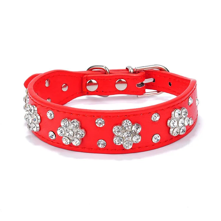 Black dog collar with studded rhinestone flower pattern and a metal D-ring on a white background