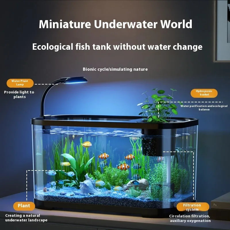 Desktop smart fish tank with integrated ecological filter system in luxury white colour