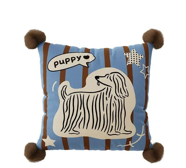 Blue cartoon animal decorative cushion pillow on a grey sofa with a removable cover.