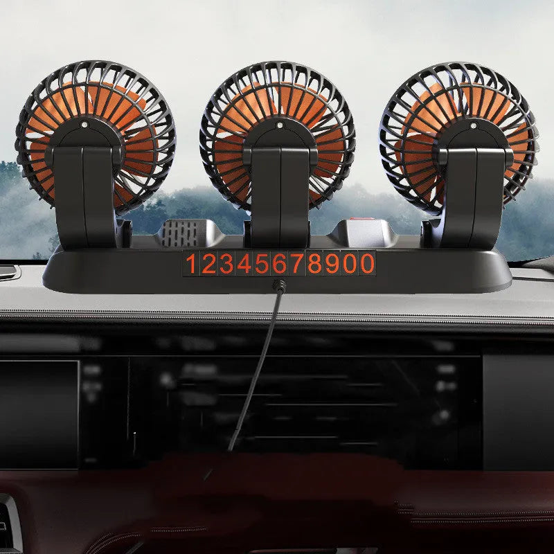 12V automotive three-head cooling fan with ABS motor and long cable for car, van, or truck use.