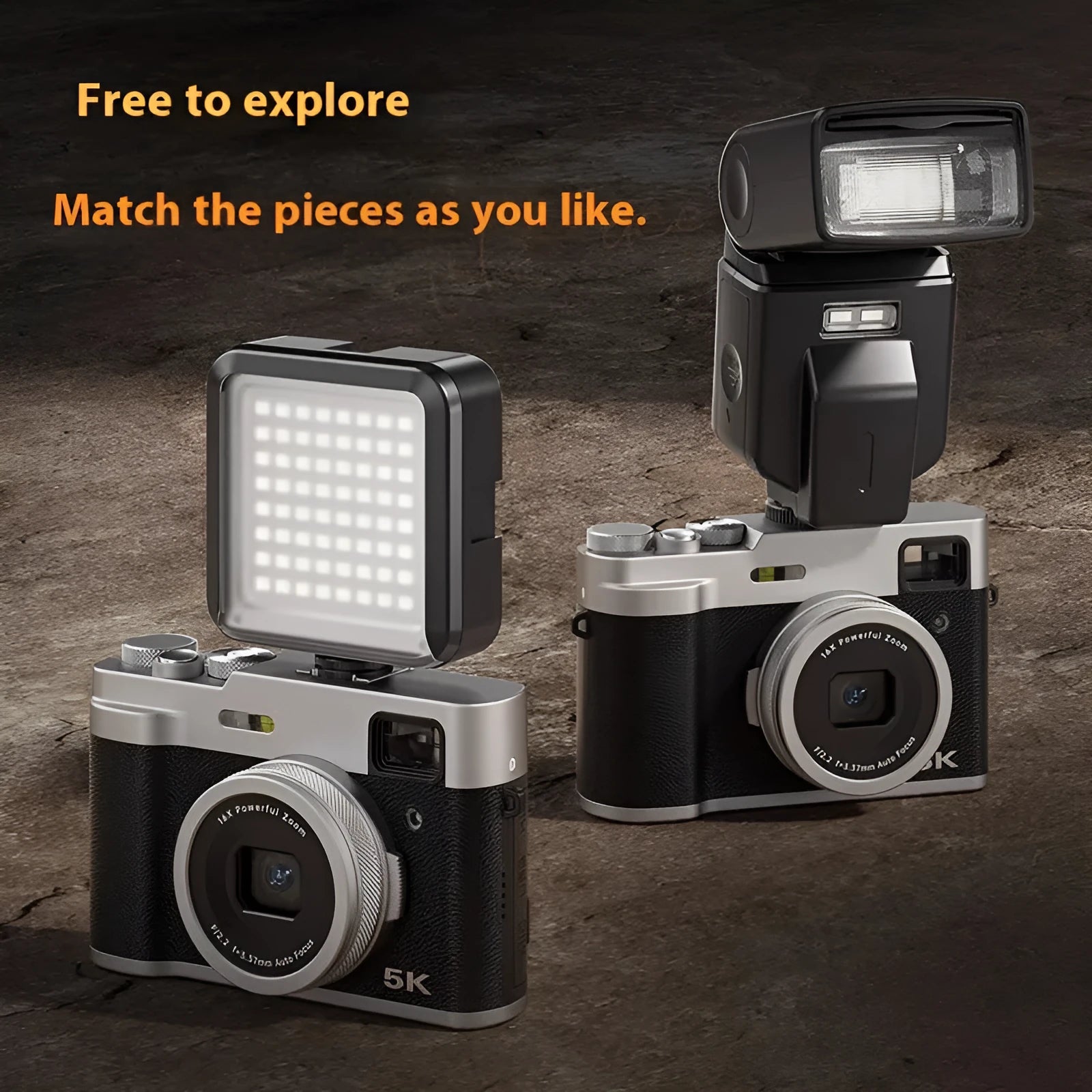 5K HD digital camera with optical viewfinder shown in black and brown colour options
