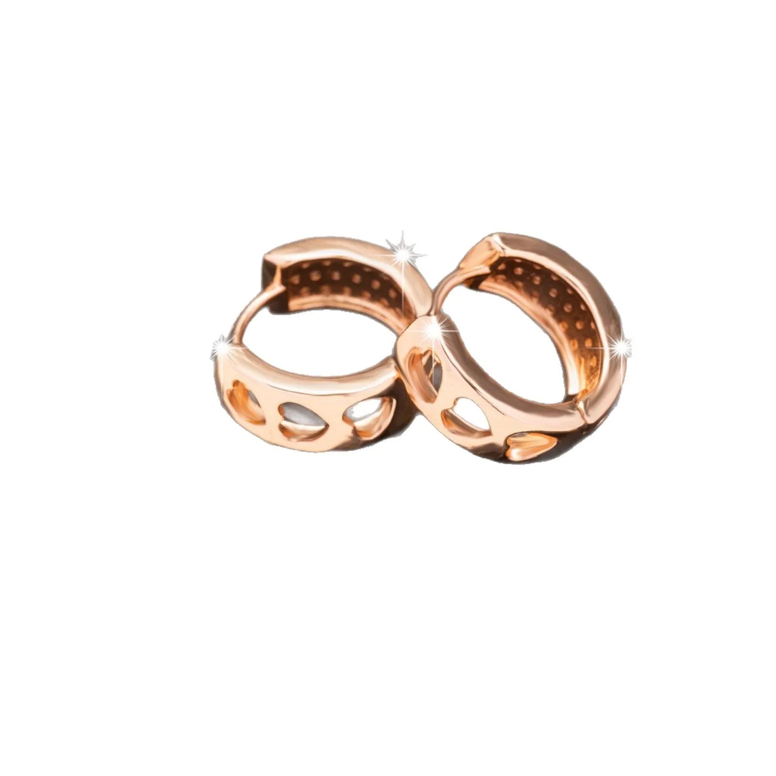 Rose gold electroplated earrings with three hollowed heart designs in circular shape