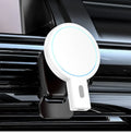 Black and white magnetic wireless charger with phone stand function showing compact dimensions