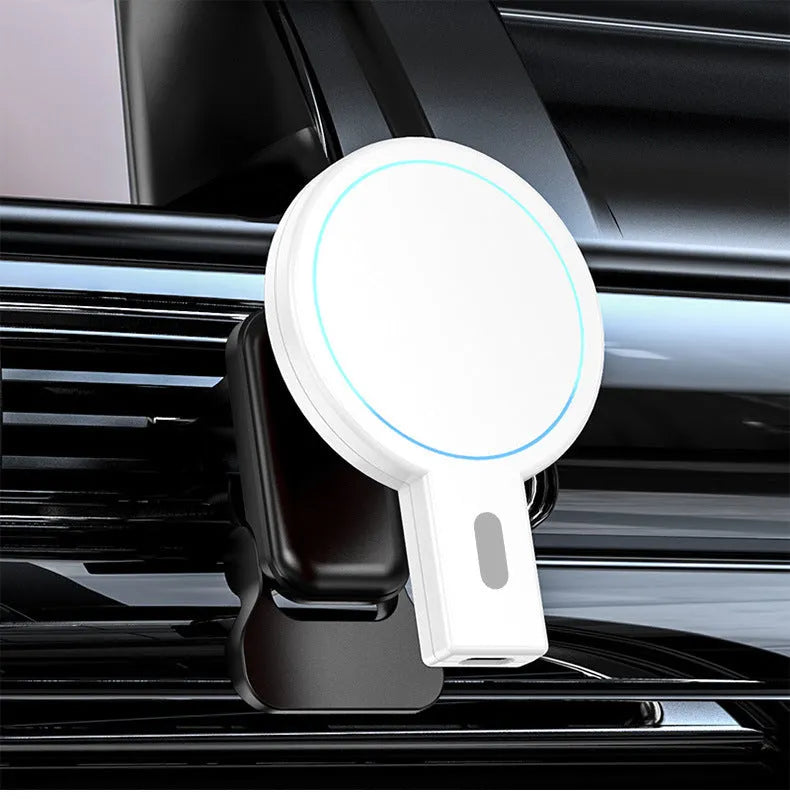 Black and white magnetic wireless charger with phone stand function showing compact dimensions