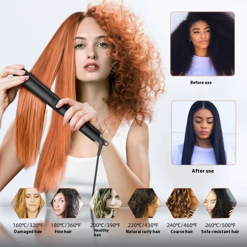 A hair straightener with a digital temperature display showing 207°C and ceramic plates.