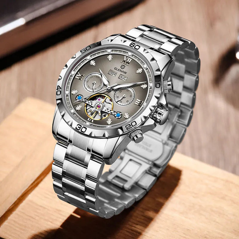 Men's automatic mechanical watch with stainless steel strap and mineral glass face in multiple colour options