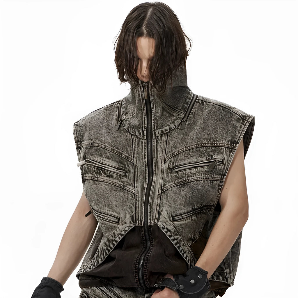 Men's blue denim vest with front zipper and sleeveless design on hanger