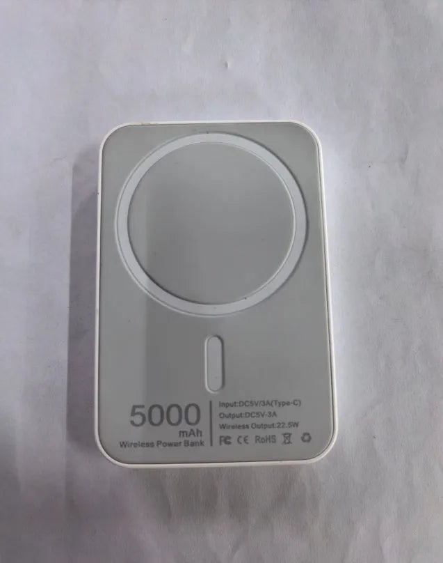 White magnetic wireless charger power bank with 5000mAh capacity showing compact PVC design
