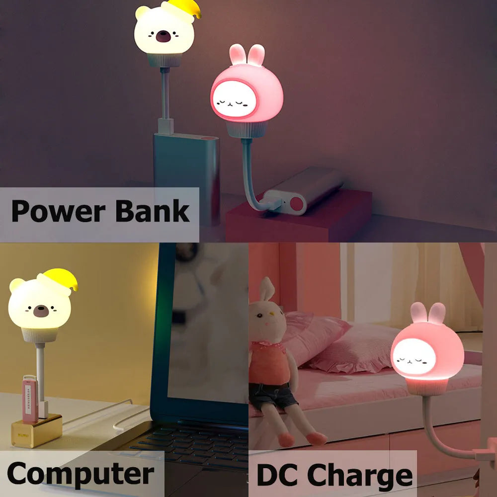 USB portable LED night light in cartoon animal design with adjustable brightness and remote control