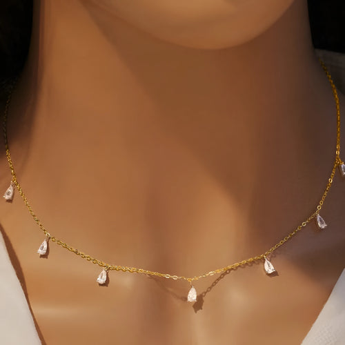 Women's 925 silver drop-shaped artificial zircon necklace on an adjustable O-chain, shown in silver finish.