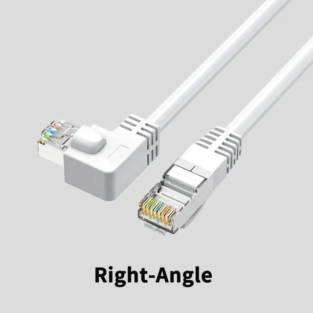 Cat6 Ethernet cable with right-angle metal RJ45 connector in black, shown alongside length and colour options.