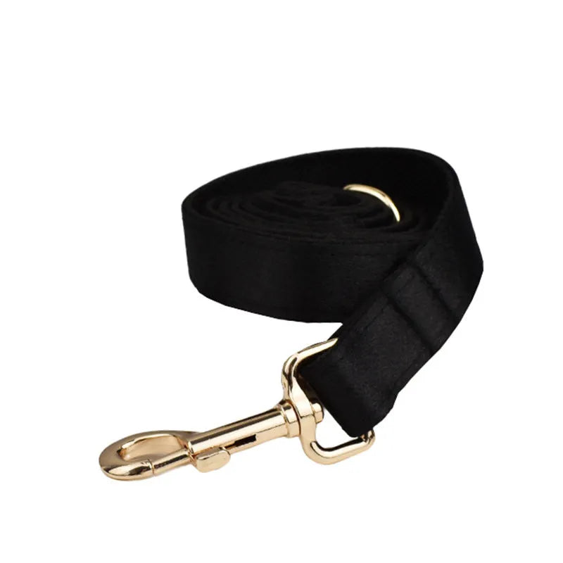 Dog collar and leash set with chest harness, coordinating vest and bow accessory in cloth material