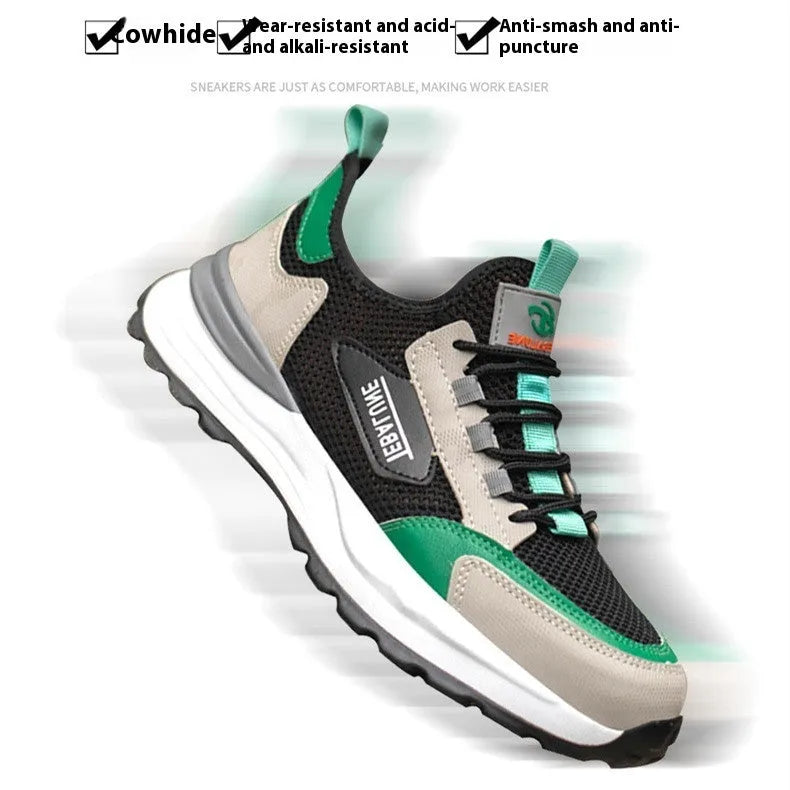 Low-top black green safety overshoe with plastic steel toe cap, showing microfiber leather and flyknit mesh upper construction.