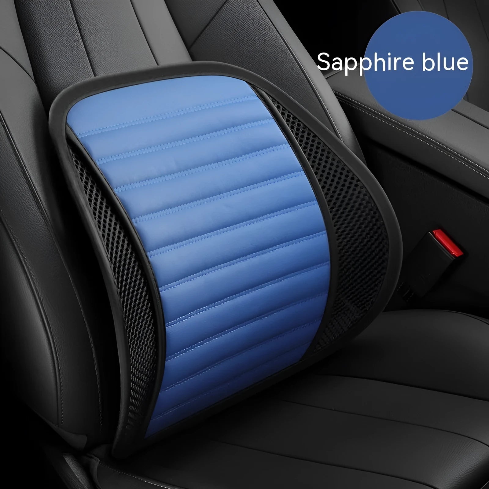 Leather lumbar support cushion on car seat in sapphire blue colour