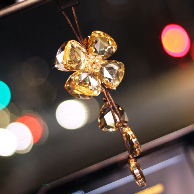 Crystal four leaf grass car pendant approximately 20 cm long in four colour options