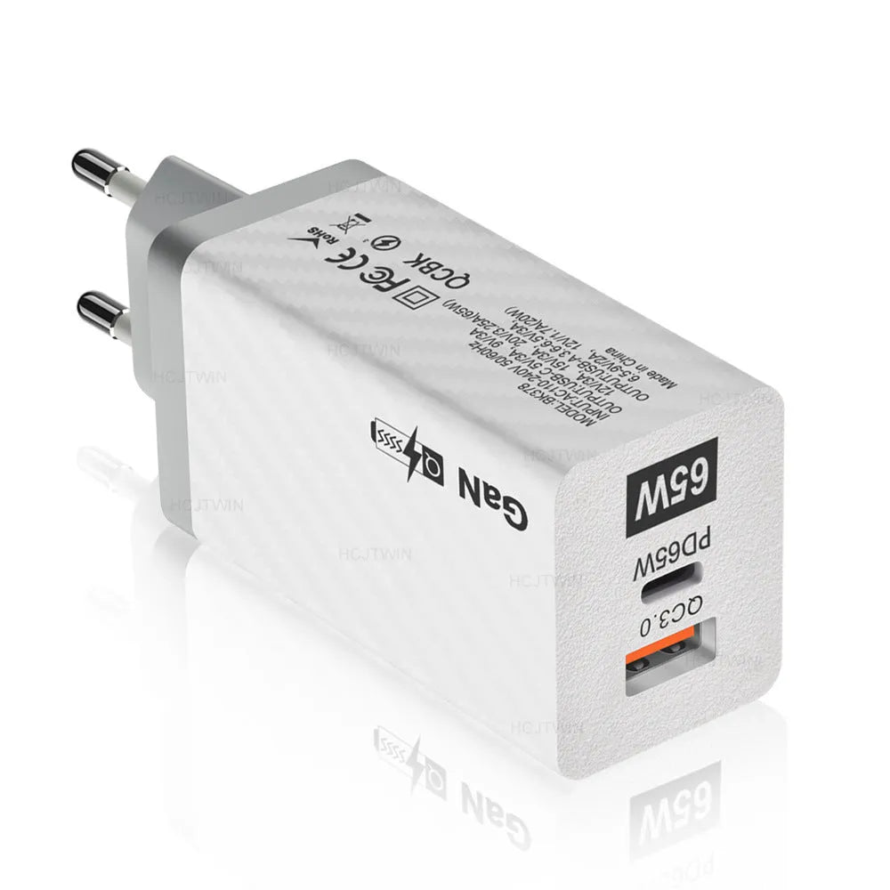 65W Gallium Nitride laptop charger in black with compact dimensions and USB PD port