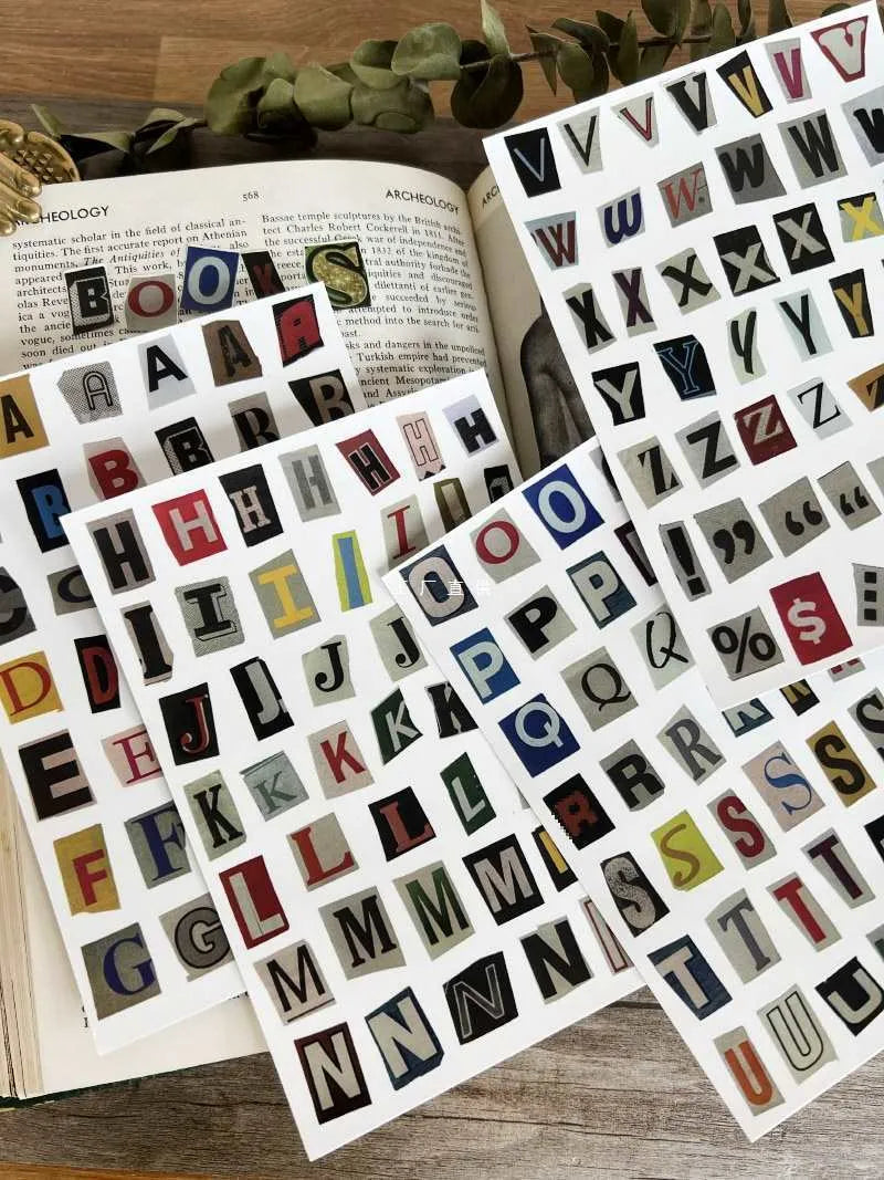 Set of printed English letters, numbers, and weekday word stickers in multiple colours for crafts and organisation