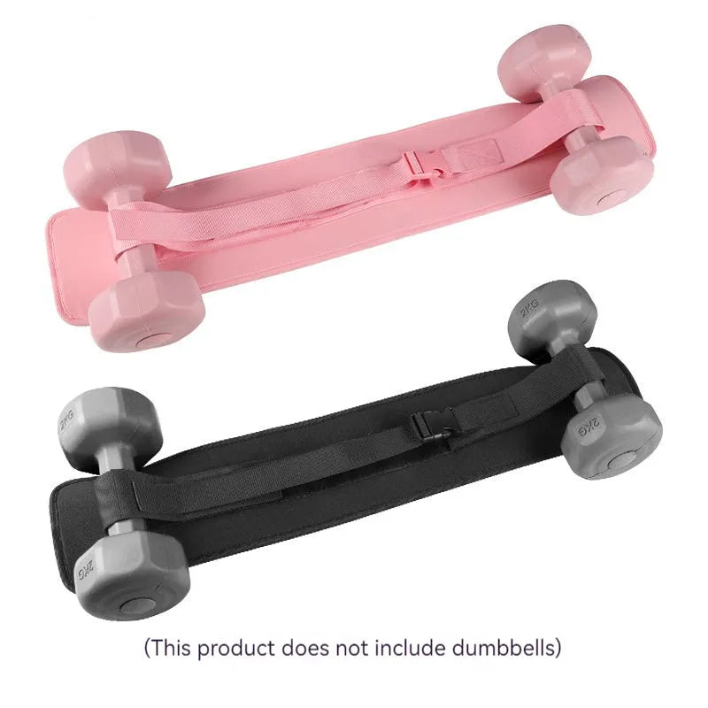 Black fitness belt for weighted hip bridge exercises with dumbbells
