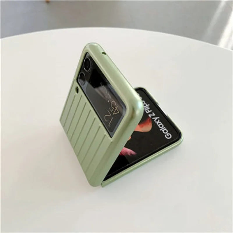 Samsung Z Flip3 flip phone case in PC material showing colour options: black, red, pink, silver, gold, sky blue, light green.