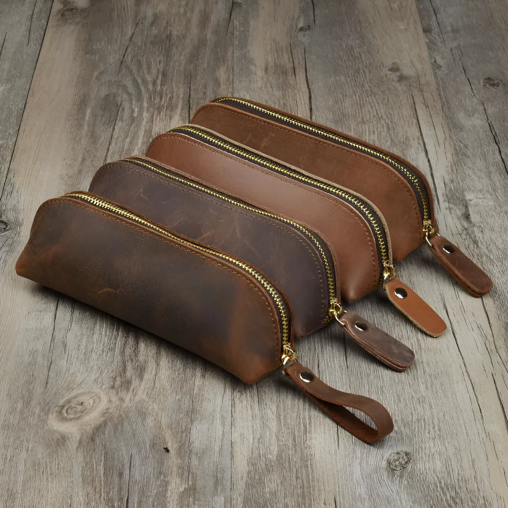 Handmade genuine cowhide leather pencil case in square design with zipper, showing brown colour option