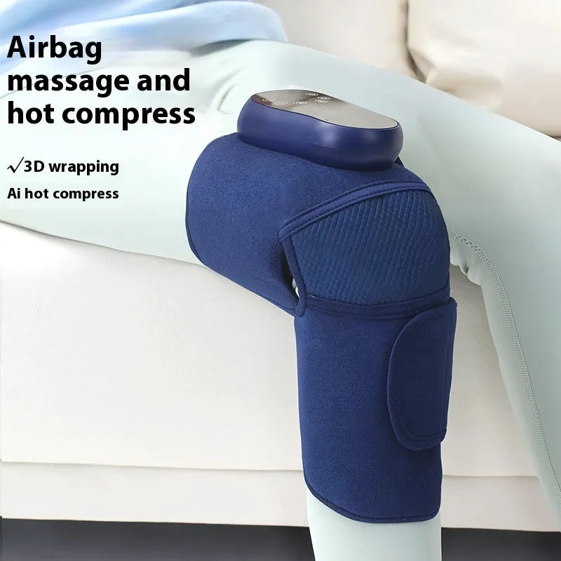 Airbag Blue self-heating knee massager showing vibration, heating and compression functions