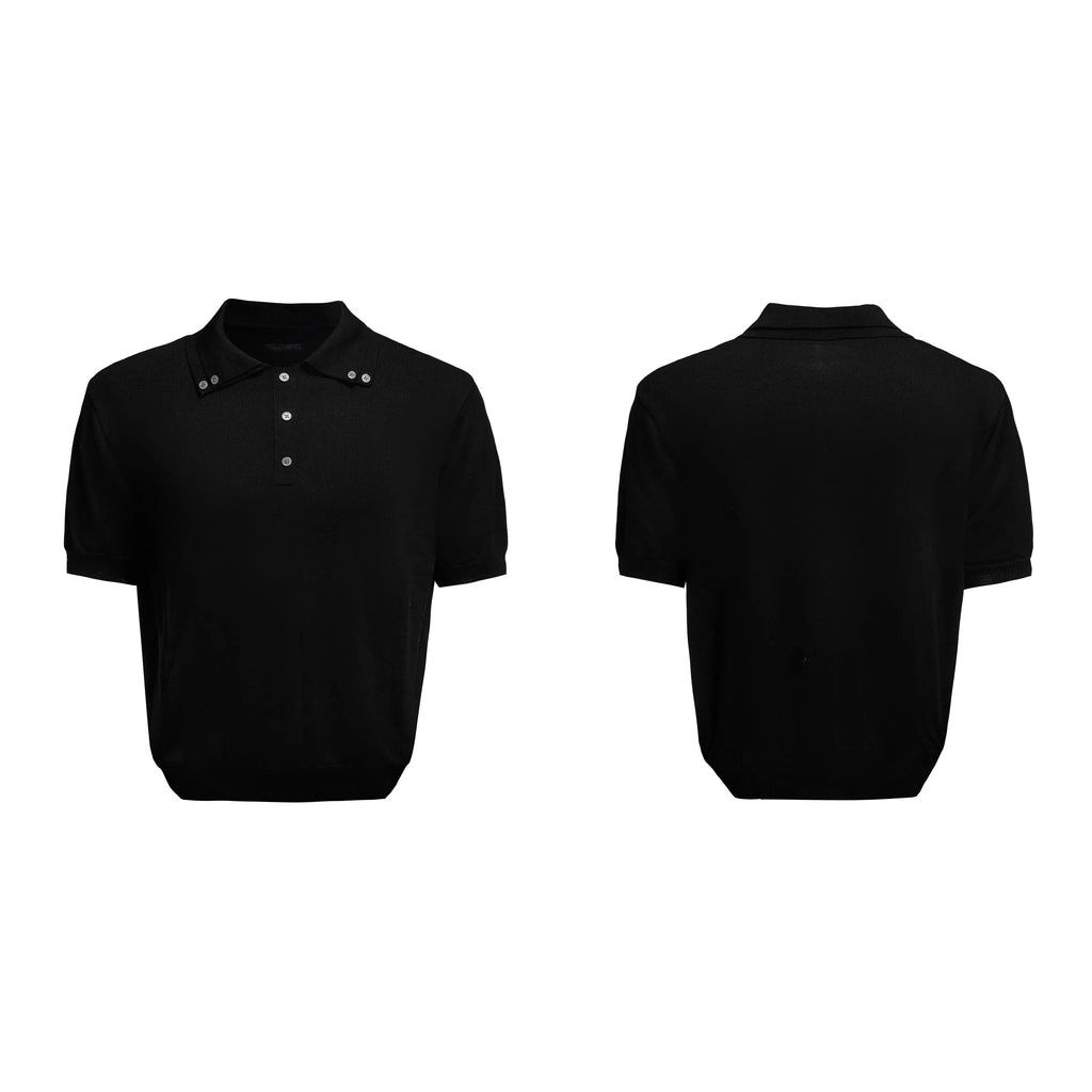 Men's slim knit short sleeve shirt with double collar design in black, white or grey