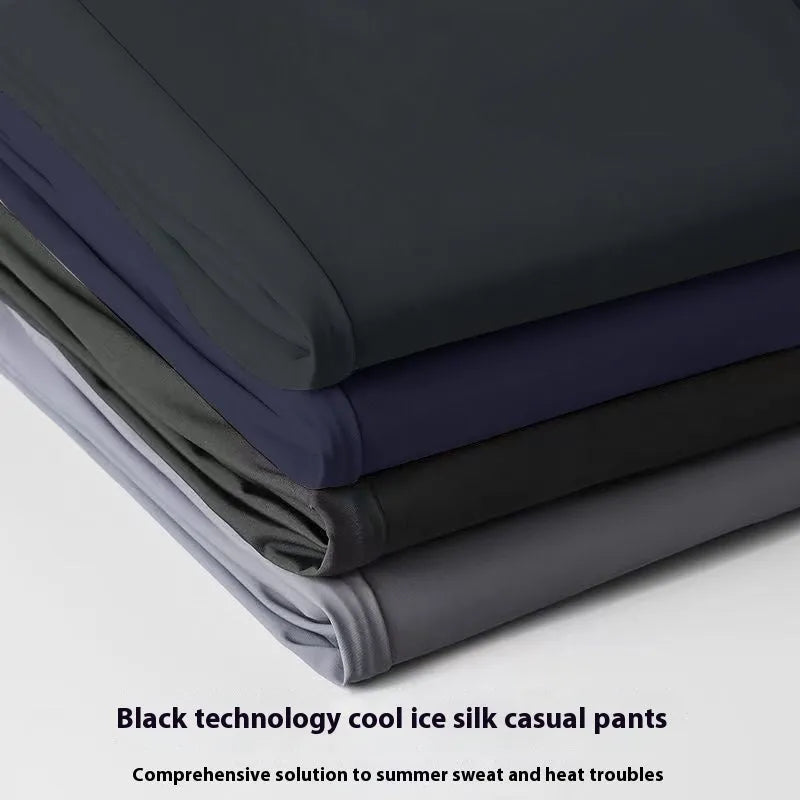 Men's straight-cut Ice Silk leisure trousers in black with an elastic waistband, shown laid flat.