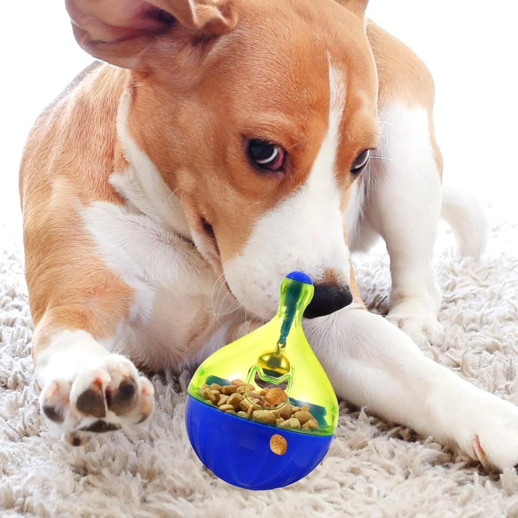 Blue and white tumbler-shaped interactive pet treat dispenser ball for dogs and cats