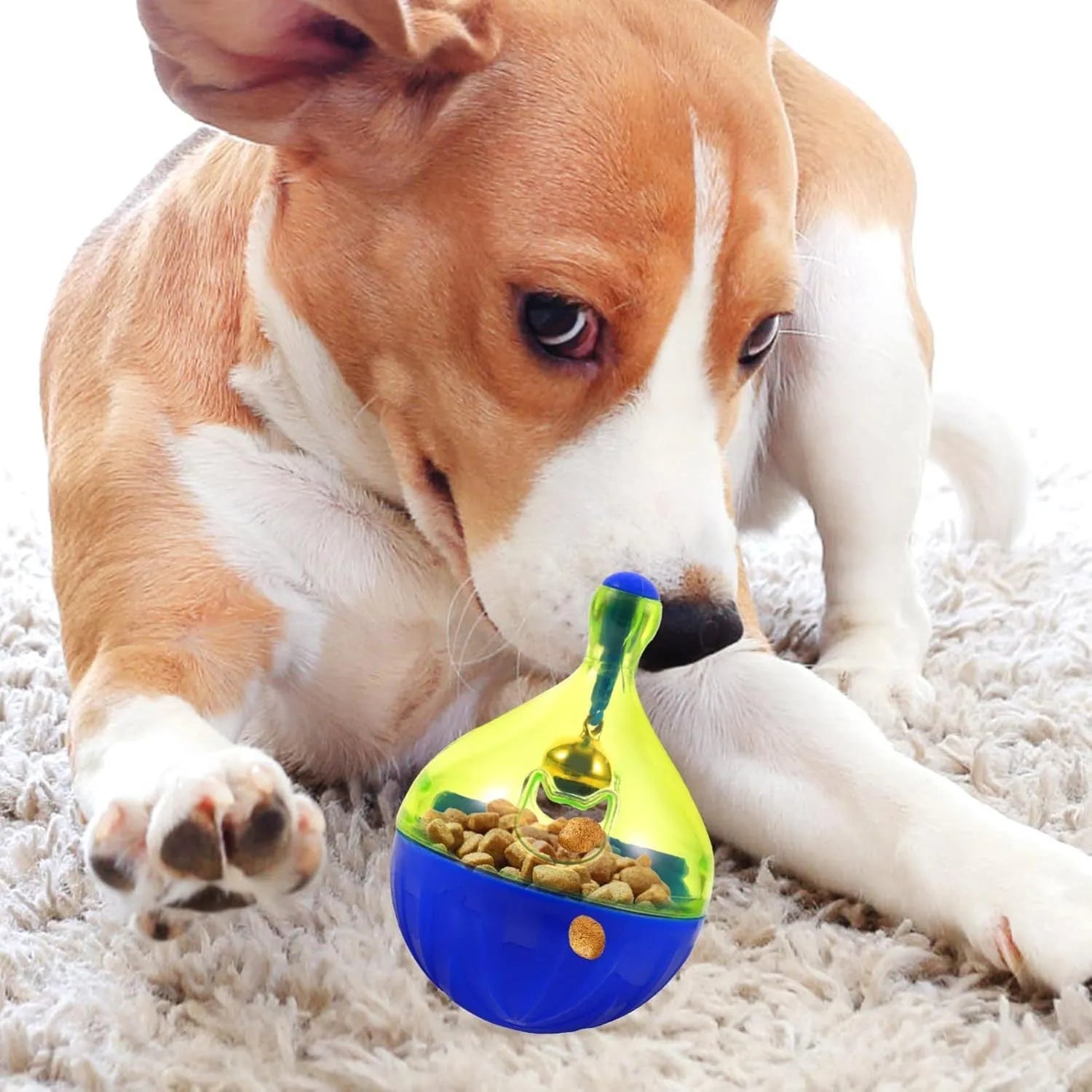 Blue and white tumbler-shaped interactive pet treat dispenser ball for dogs and cats