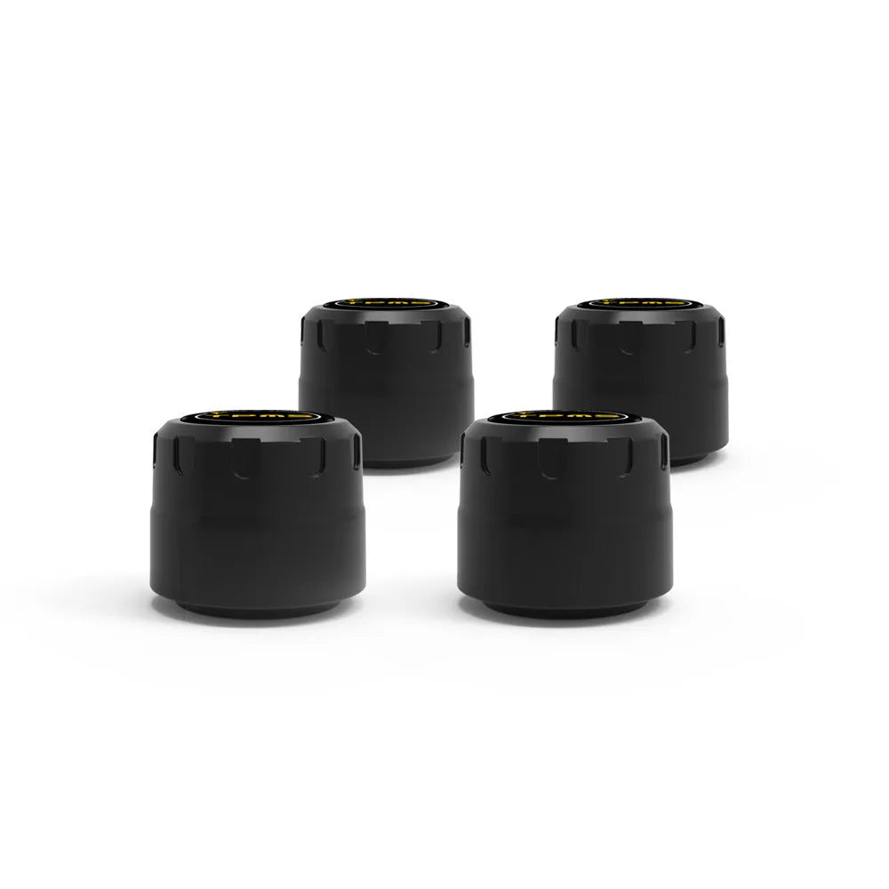 Bluetooth 5.0 automotive tyre pressure monitoring system with four black external sensors and installation tools