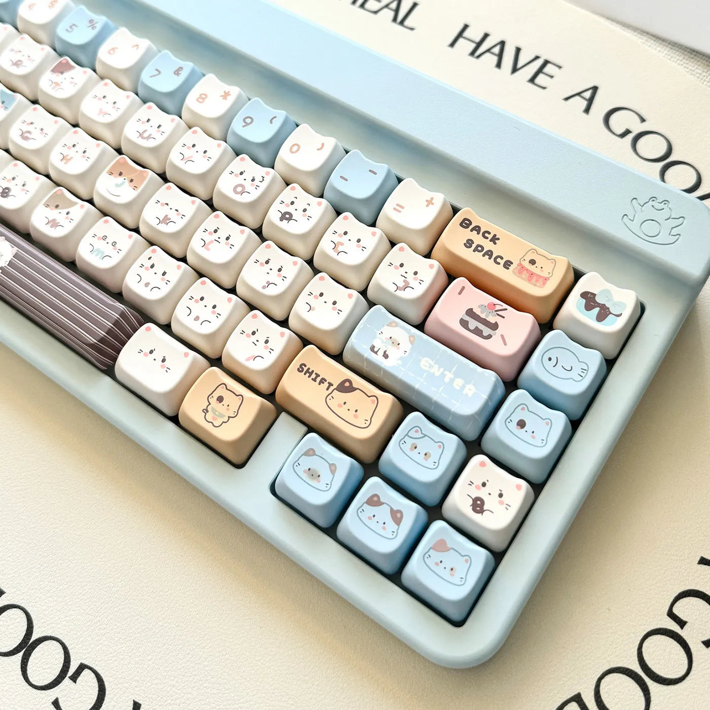 Sea Salt Cat PBT sublimation keycap set for mechanical keyboards showing 26mm profile and March Past supplements